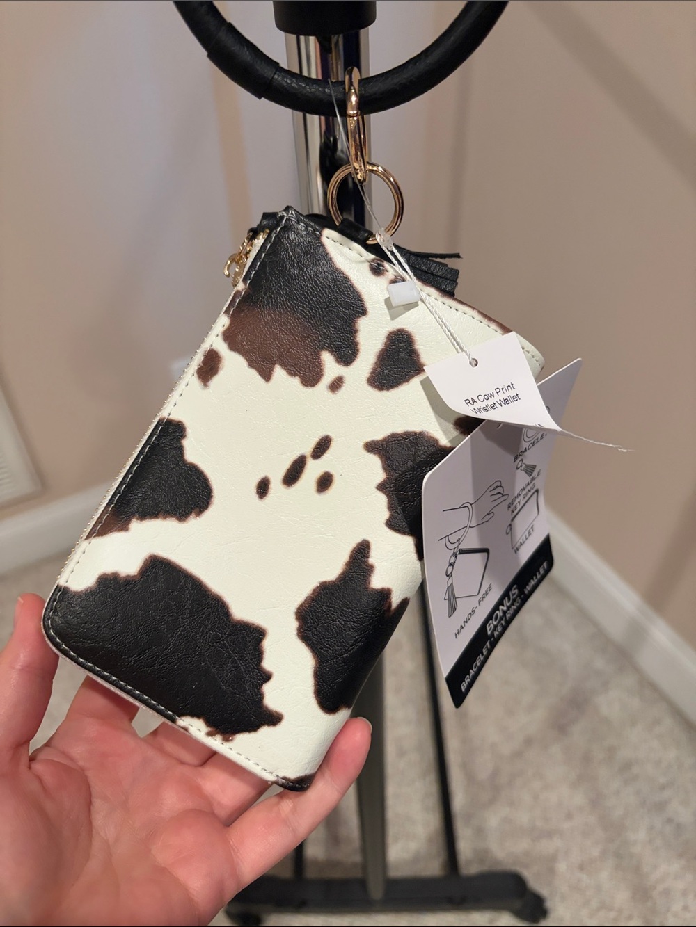 Cow Print Zip Card Wallet with Key Ring
